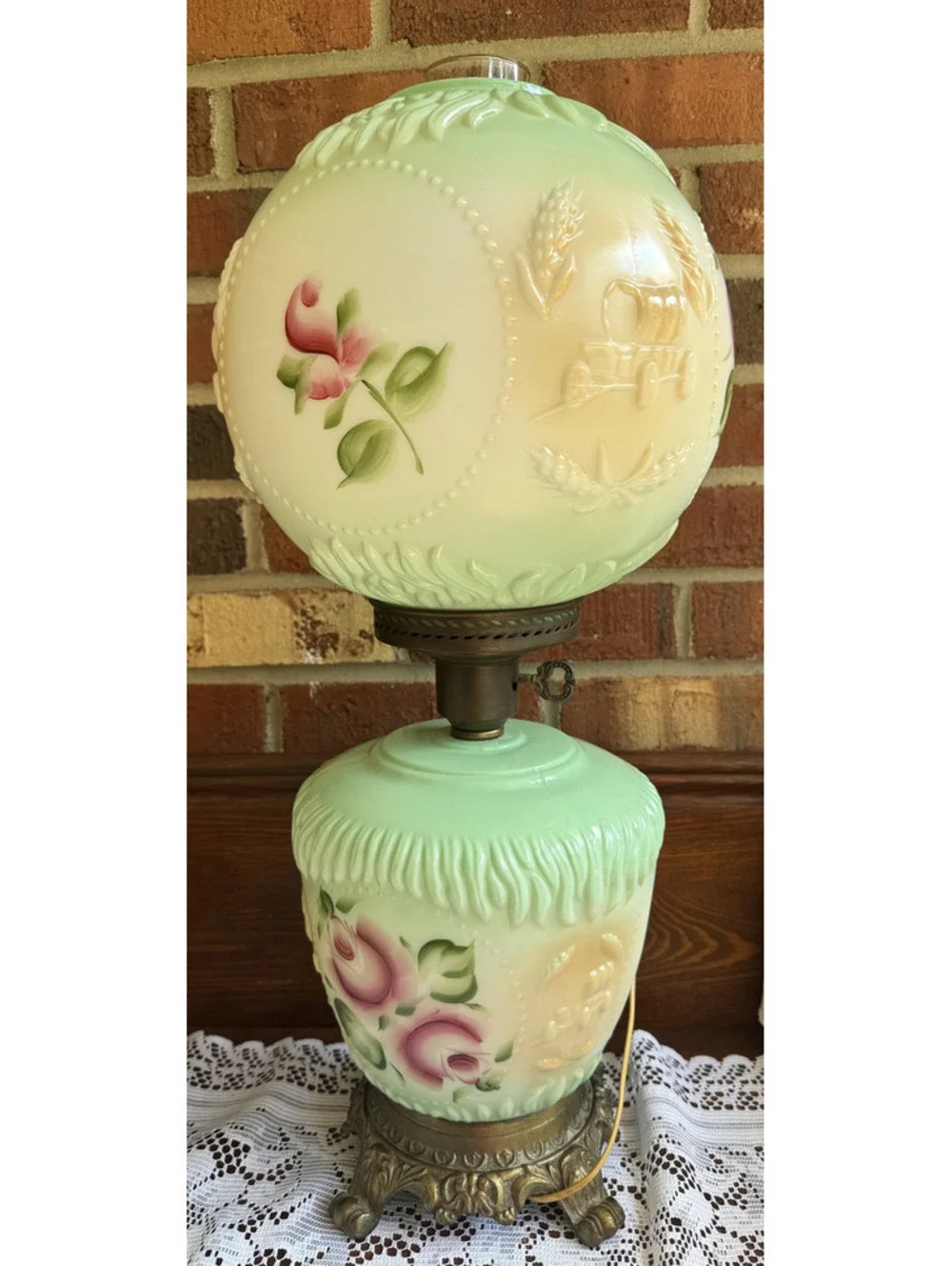 Vintage Hand-Painted Glass Hurricane Lamp with Floral and Wagon Motifs